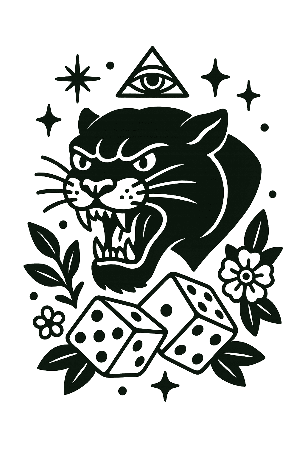 Panther with dice and celestial symbols