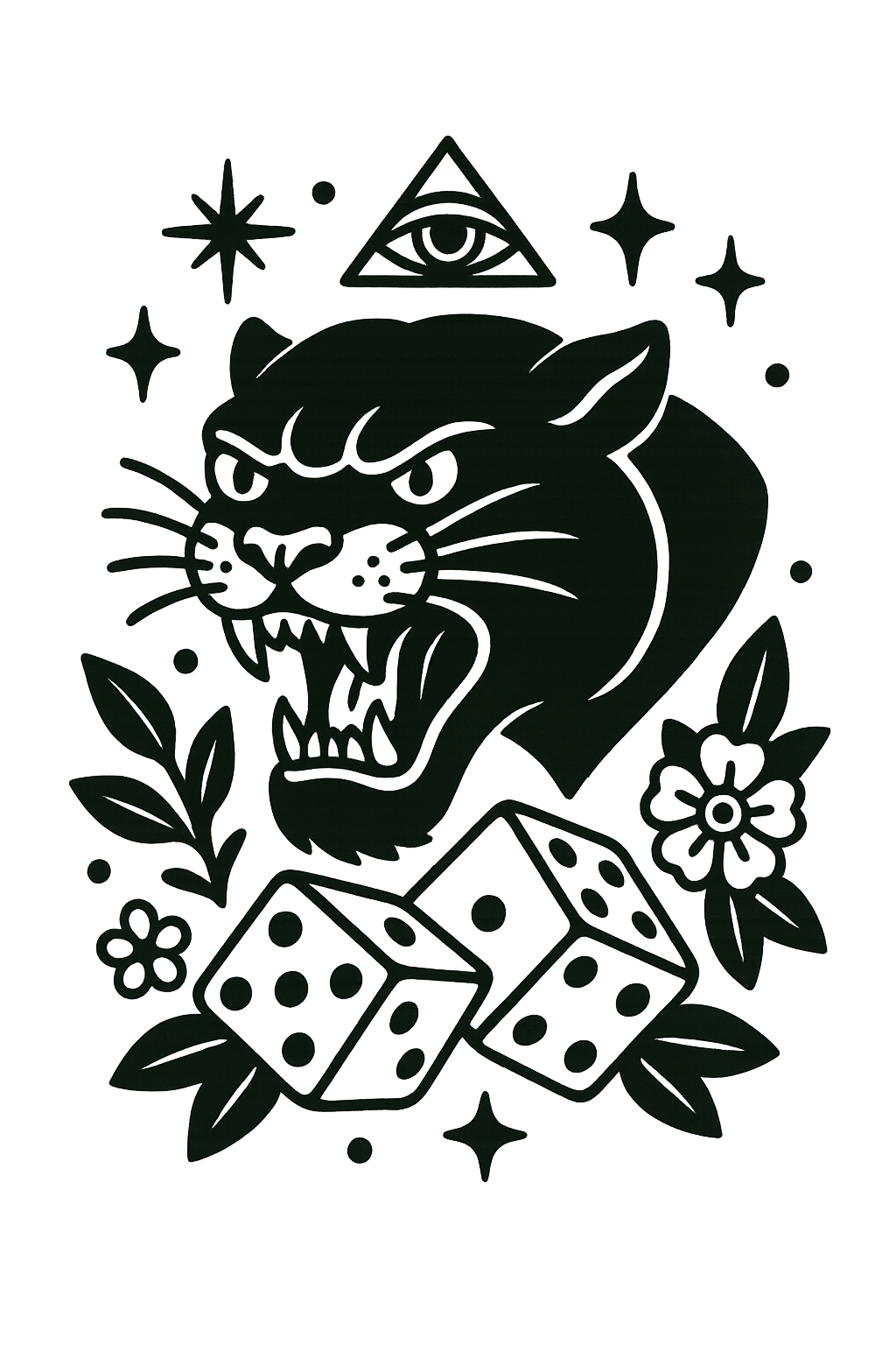 Panther with dice and celestial symbols
